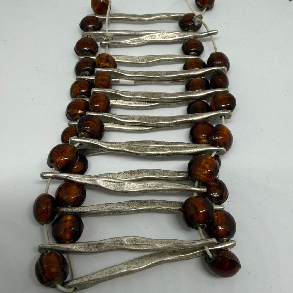 Artisan Silver Tone Ladder Cuff Bracelet Amber Glass Beads Modernist Statement